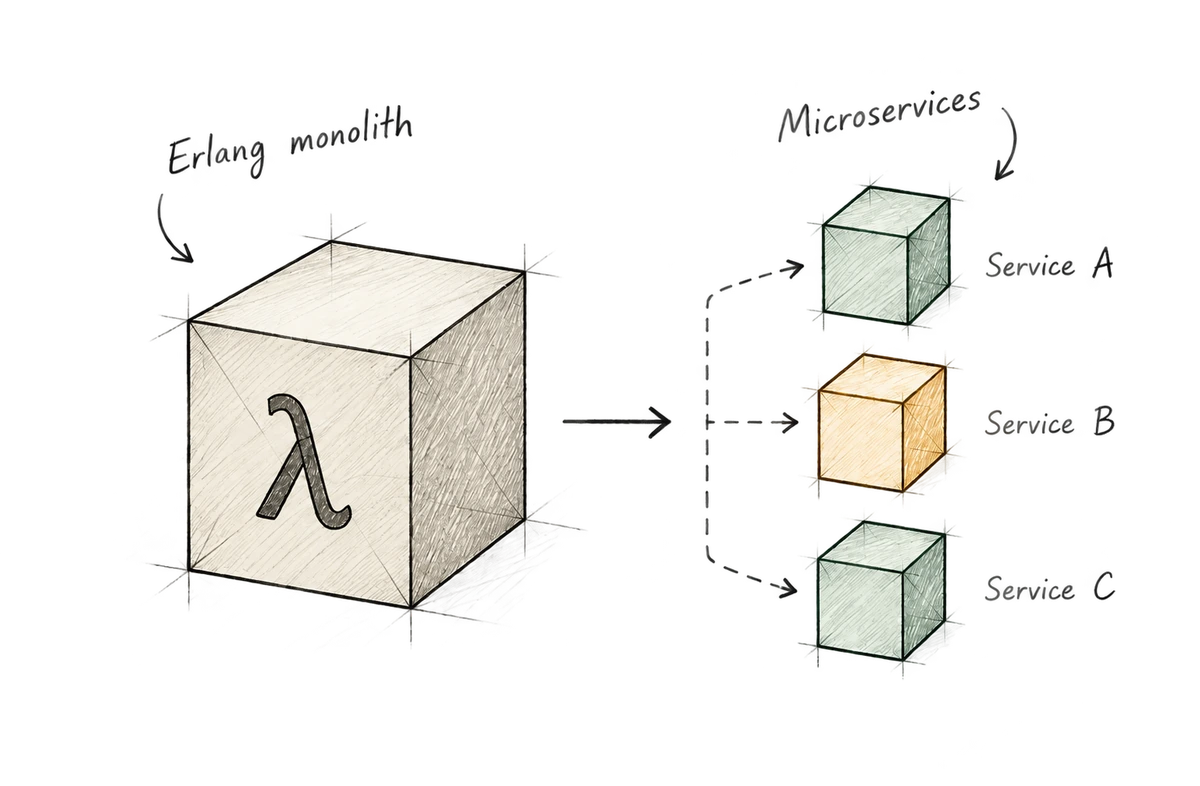 Conceptual diagram: an Erlang monolith is decomposed into three independently deployable services, labeled Service A, Service B, and Service C.