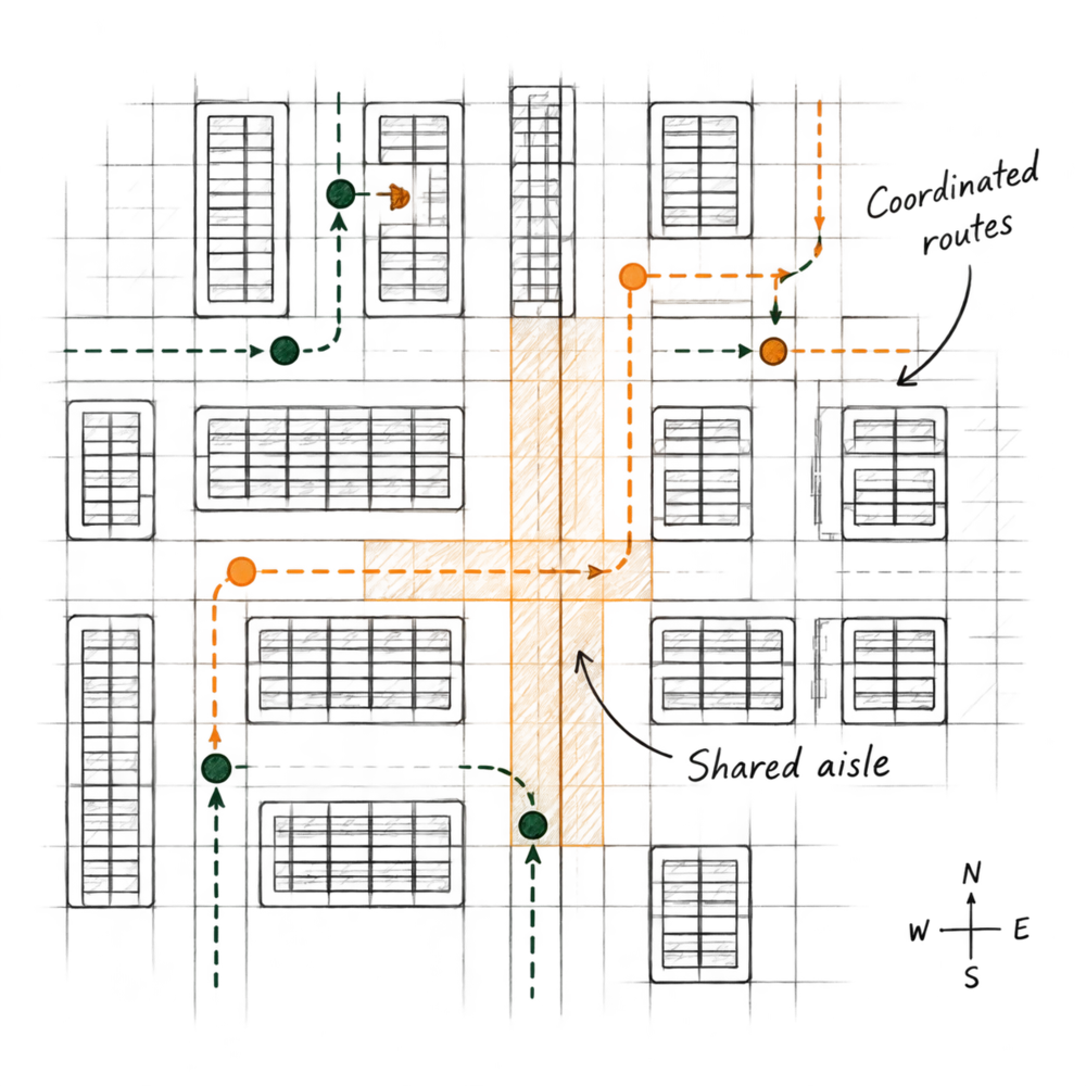 A hand-drawn warehouse map with coordinated routes through a shared aisle.